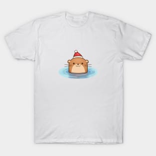 Cute Christmas Otter in Santa Hat Floating T-Shirt